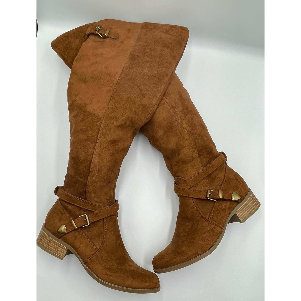 Merona Womens Cognac Faux Suede Tall Riding Boots Buckle Detail Brown Size 7.5